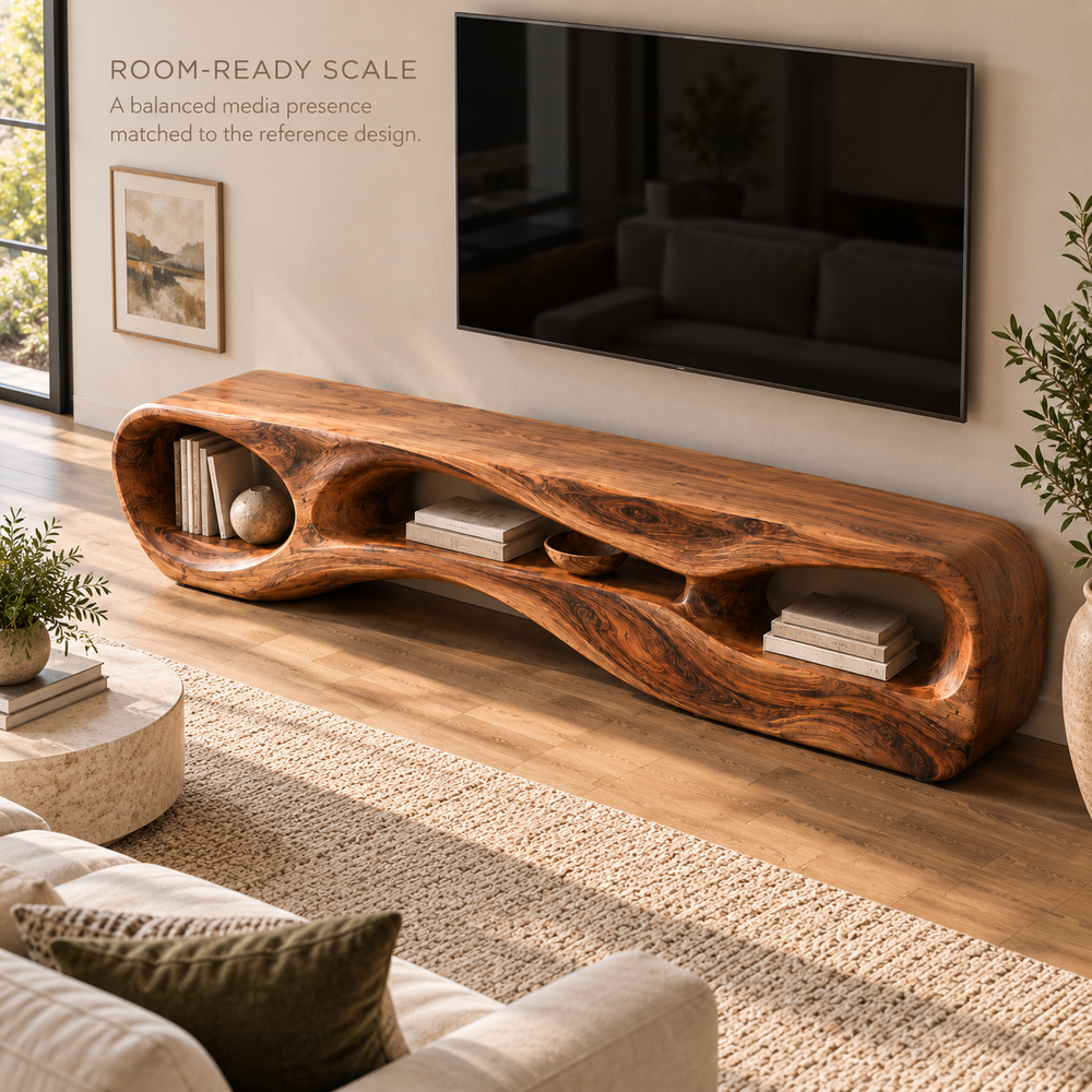 Neria Sculptural Solid Wood TV Stand - Design 114 - product detail and styling view 3