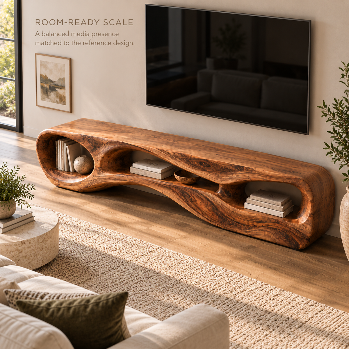 Neria Sculptural Solid Wood TV Stand - Design 114 - product detail and styling view 3