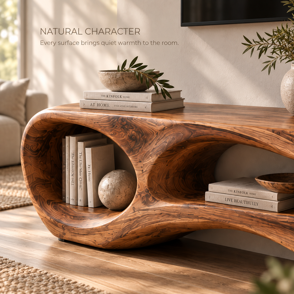 Neria Sculptural Solid Wood TV Stand - Design 114 - product detail and styling view 4
