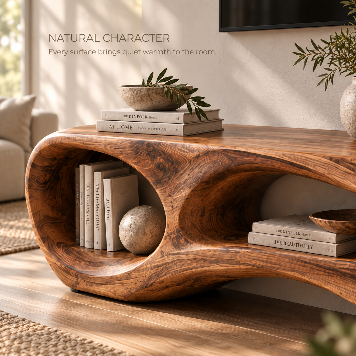 Neria Sculptural Solid Wood TV Stand - Design 114 - product detail and styling view 4