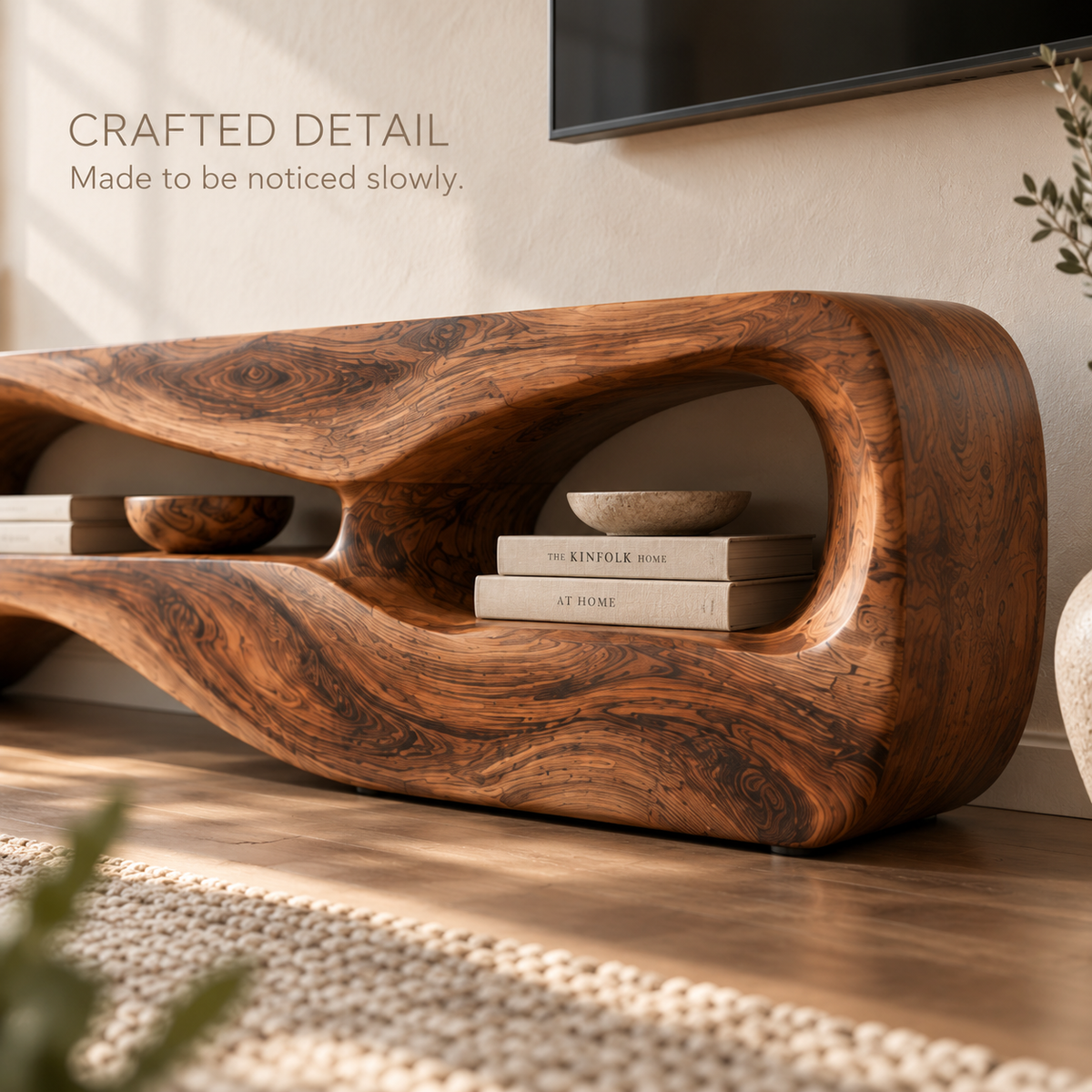 Neria Sculptural Solid Wood TV Stand - Design 114 - product detail and styling view 5
