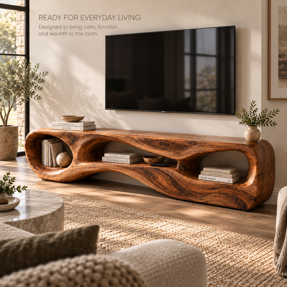 Neria Sculptural Solid Wood TV Stand - Design 114 - product detail and styling view 6