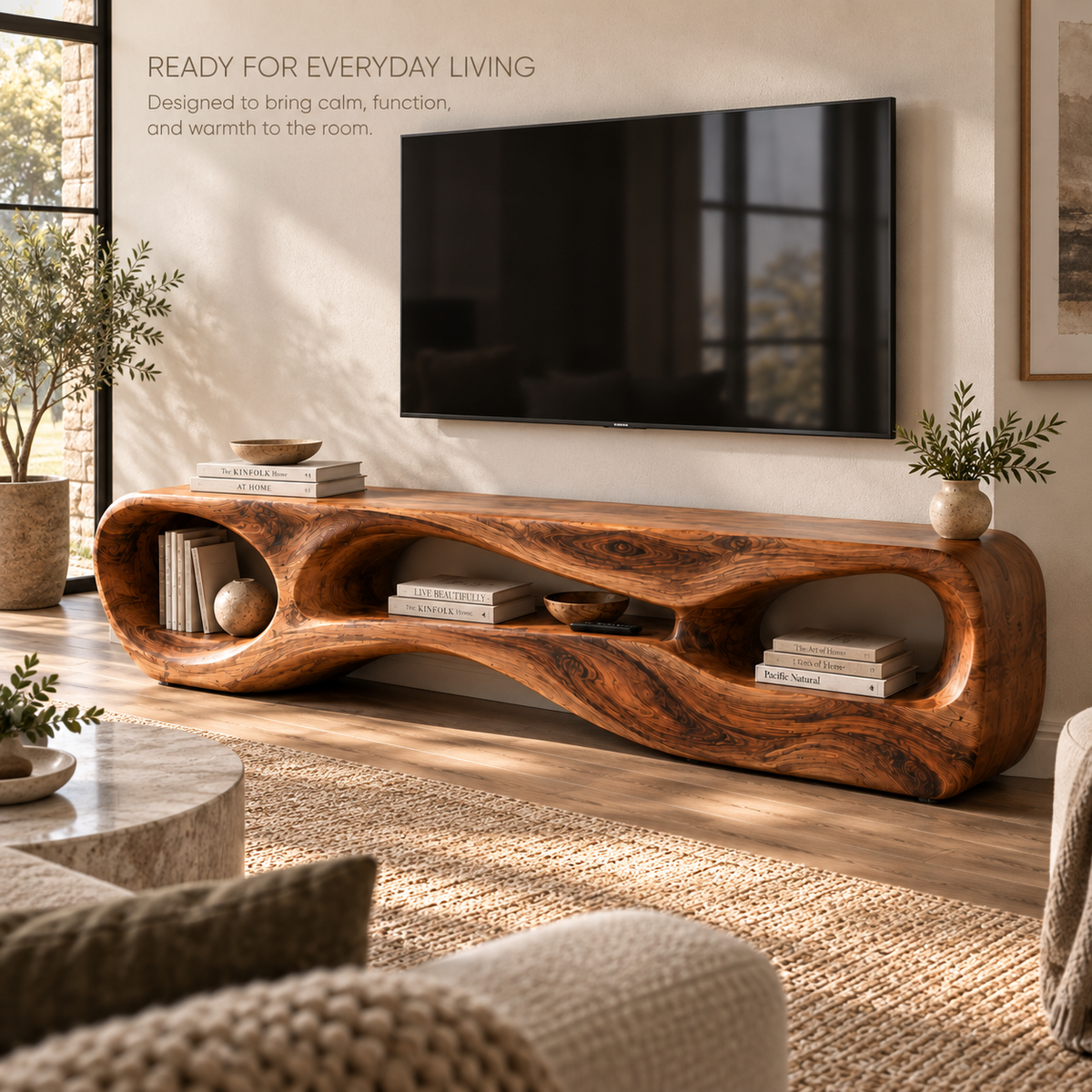 Neria Sculptural Solid Wood TV Stand - Design 114 - product detail and styling view 6