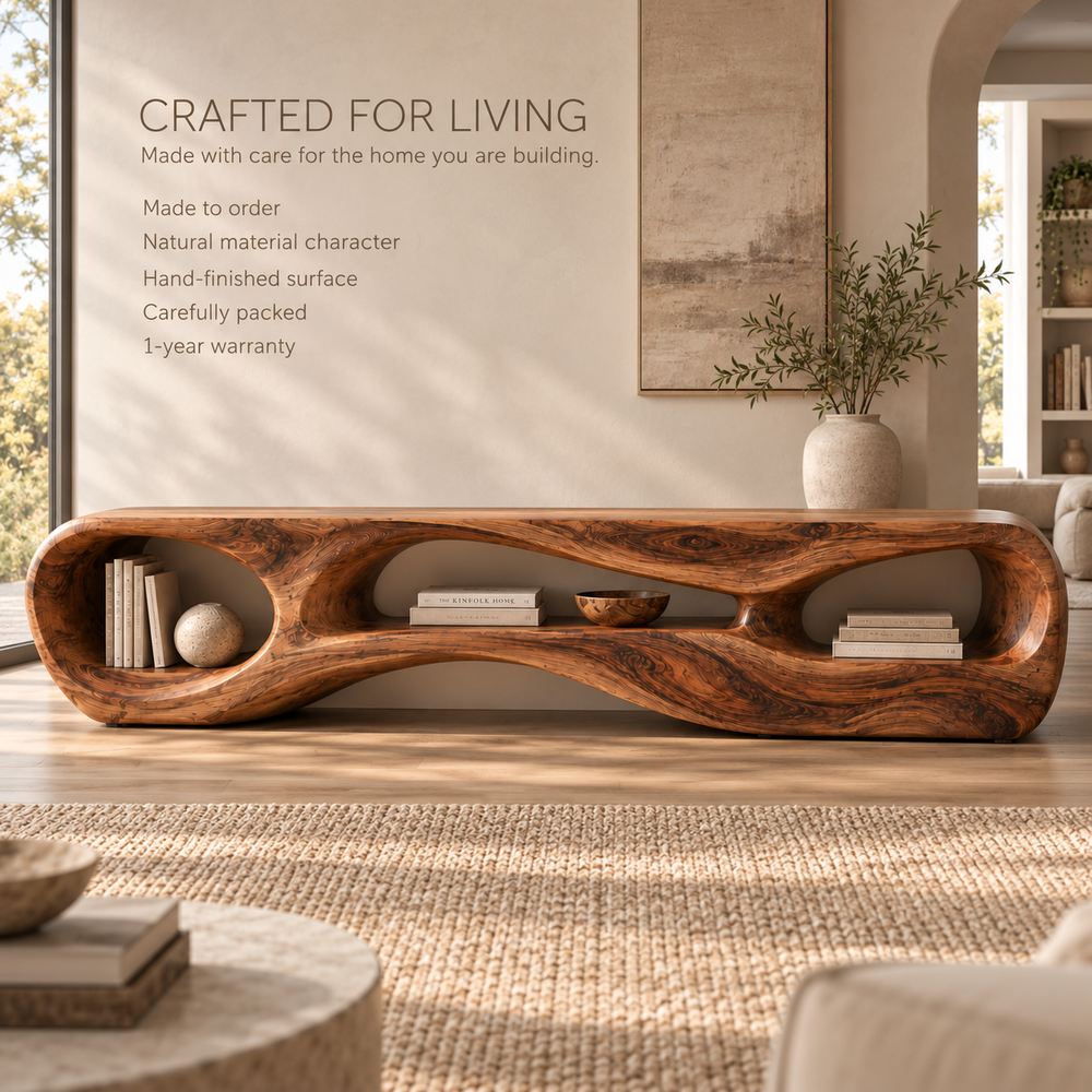 Neria Sculptural Solid Wood TV Stand - Design 114 - product detail and styling view 8