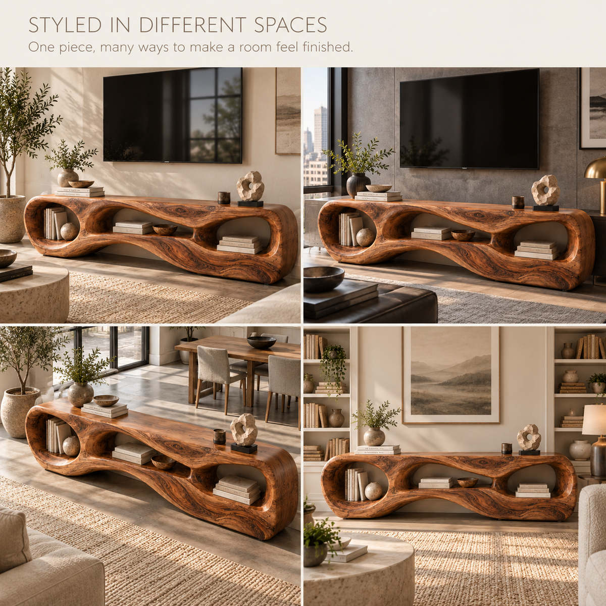 Neria Sculptural Solid Wood TV Stand - Design 114 - product detail and styling view 9