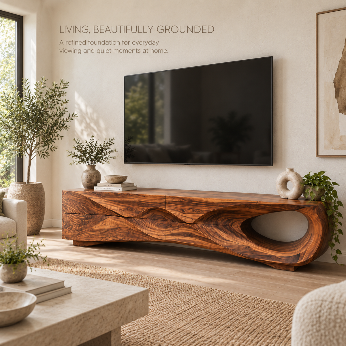 Aster Sculptural Solid Wood TV Stand - Design 115 - main lifestyle view
