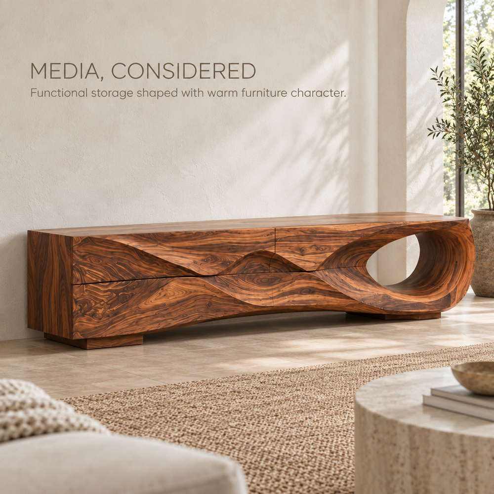 Aster Sculptural Solid Wood TV Stand - Design 115 - product detail and styling view 2