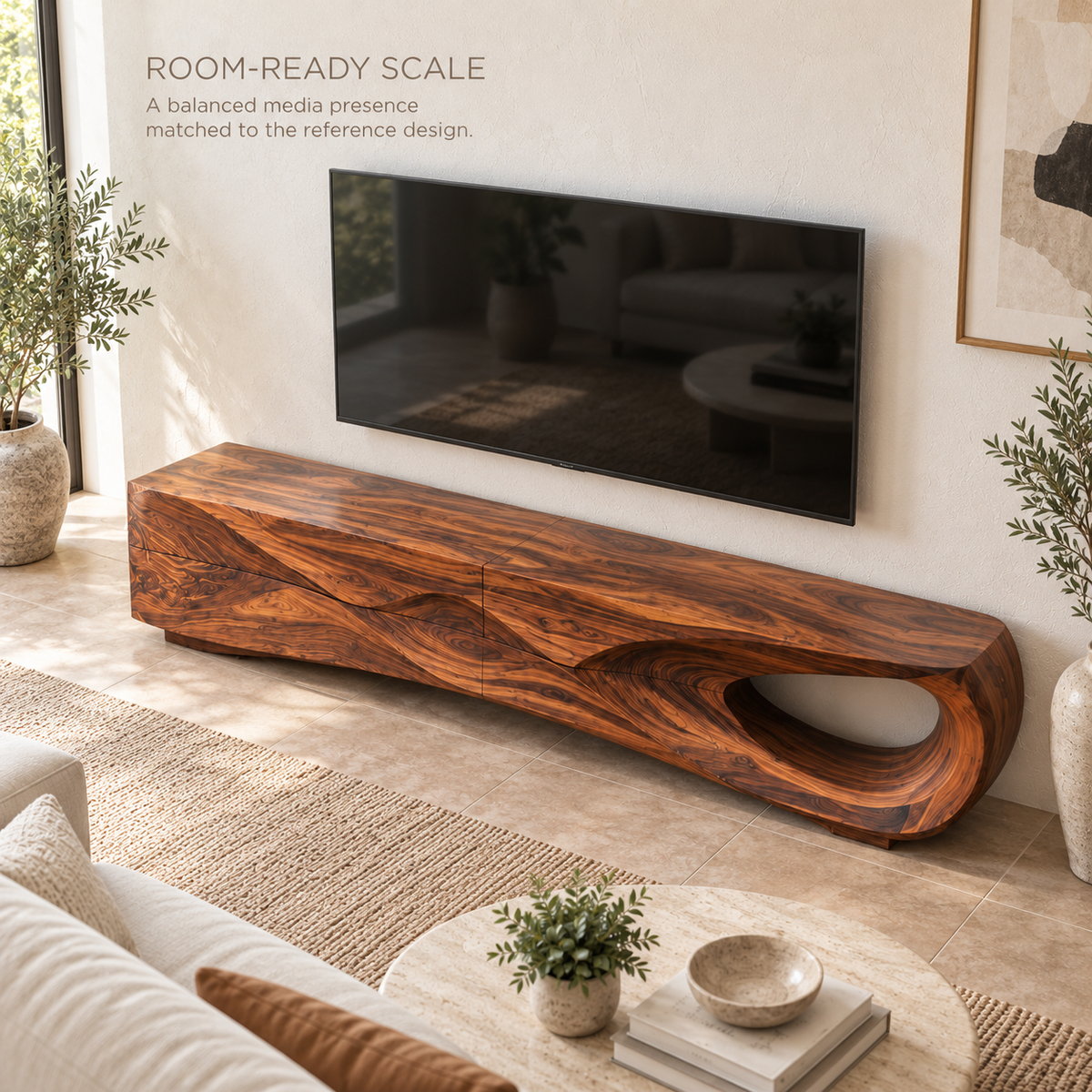 Aster Sculptural Solid Wood TV Stand - Design 115 - product detail and styling view 3