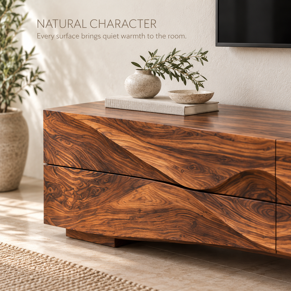 Aster Sculptural Solid Wood TV Stand - Design 115 - product detail and styling view 4