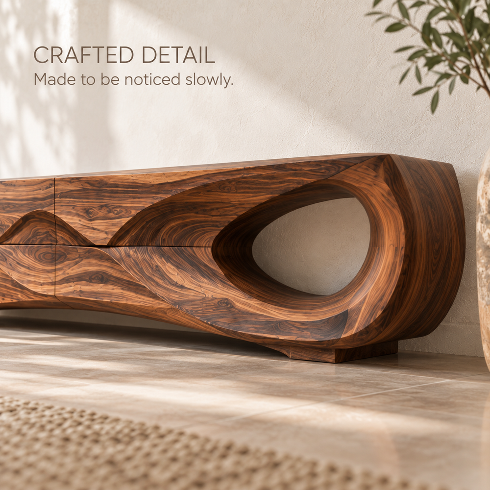 Aster Sculptural Solid Wood TV Stand - Design 115 - product detail and styling view 5