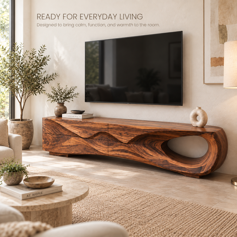 Aster Sculptural Solid Wood TV Stand - Design 115 - product detail and styling view 6