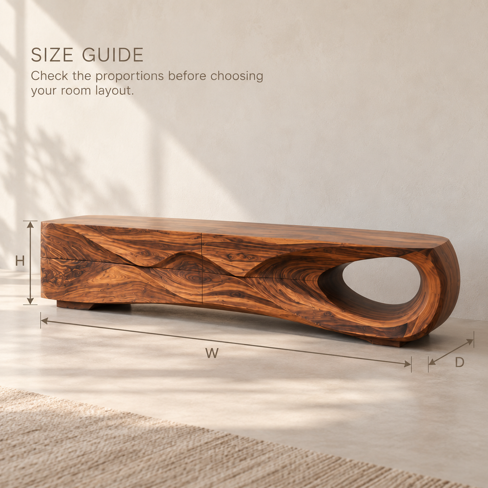 Aster Sculptural Solid Wood TV Stand - Design 115 - product detail and styling view 7