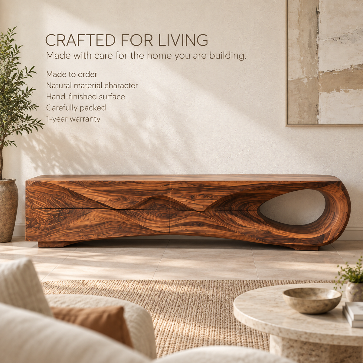 Aster Sculptural Solid Wood TV Stand - Design 115 - product detail and styling view 8