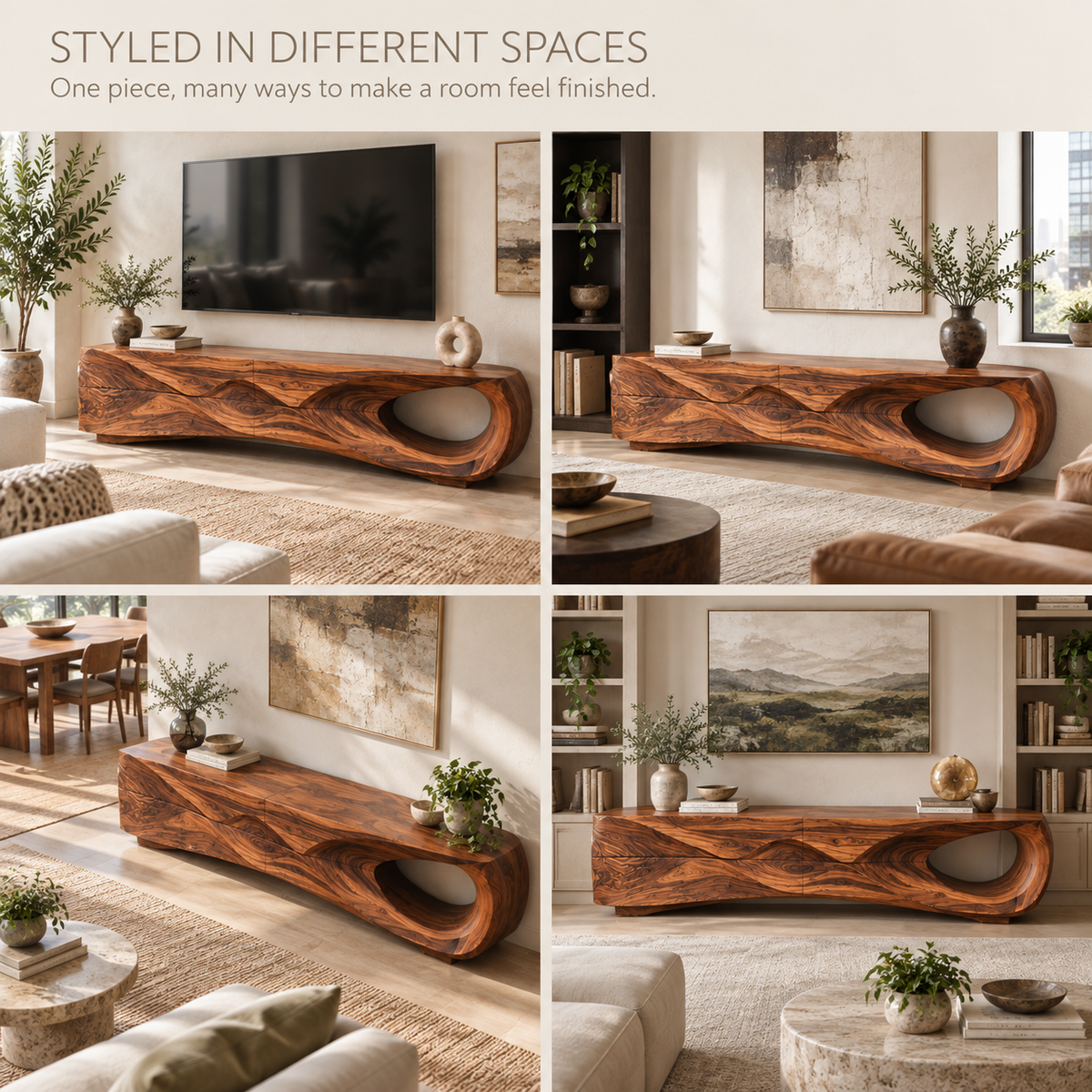 Aster Sculptural Solid Wood TV Stand - Design 115 - product detail and styling view 9