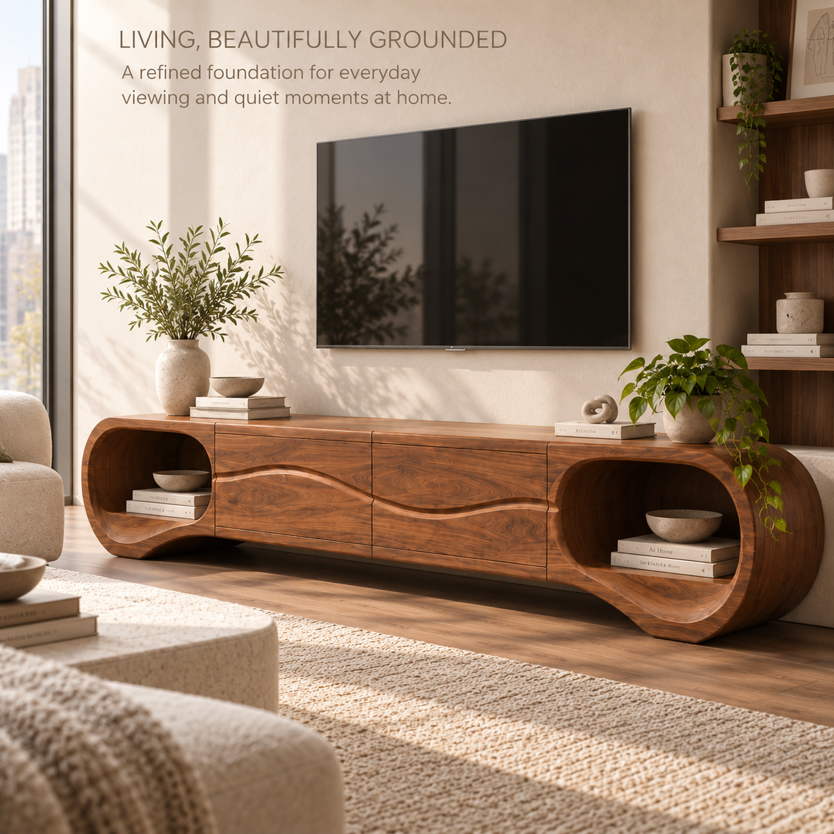 Linnea Sculptural Solid Wood TV Stand - Design 116 - main lifestyle view