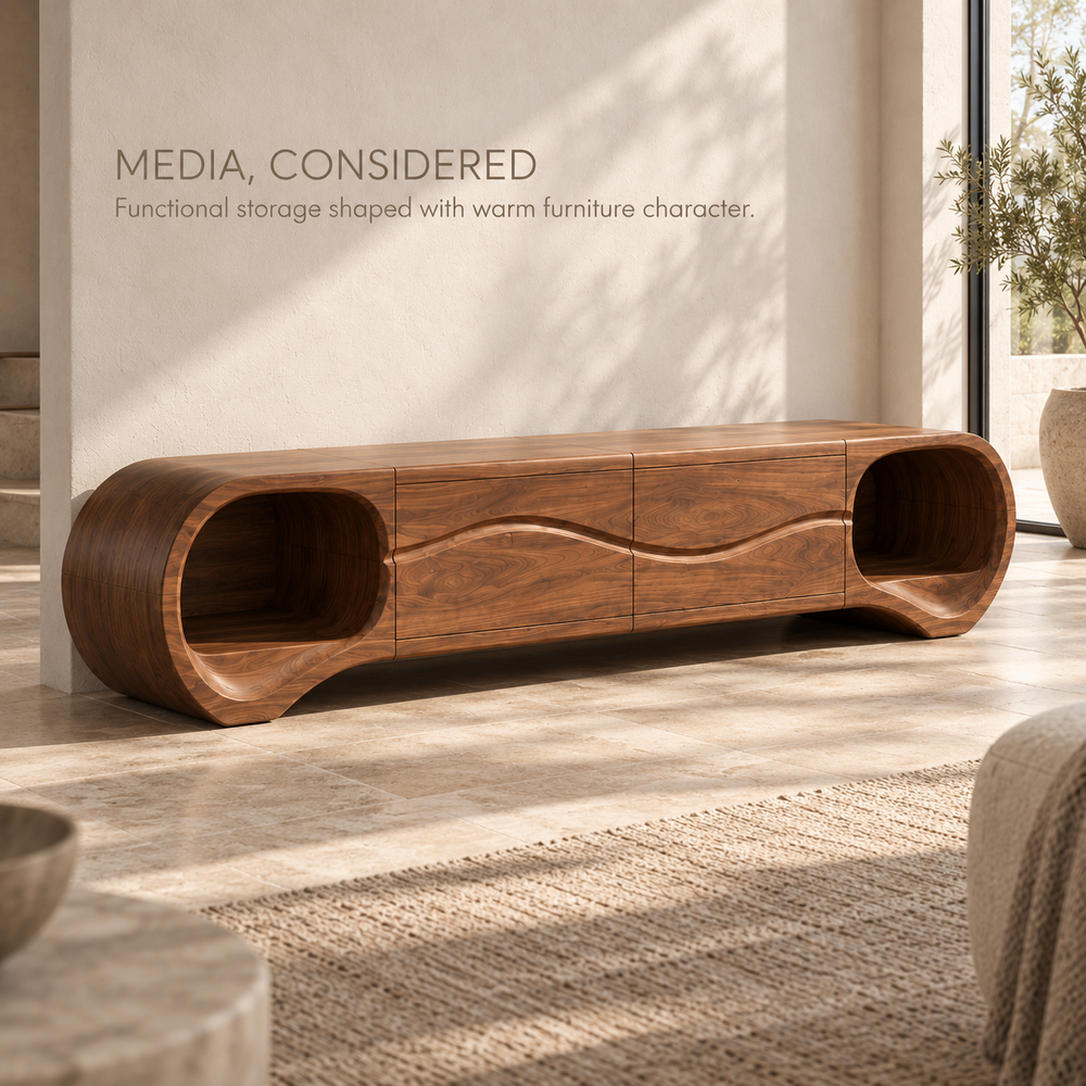 Linnea Sculptural Solid Wood TV Stand - Design 116 - product detail and styling view 2