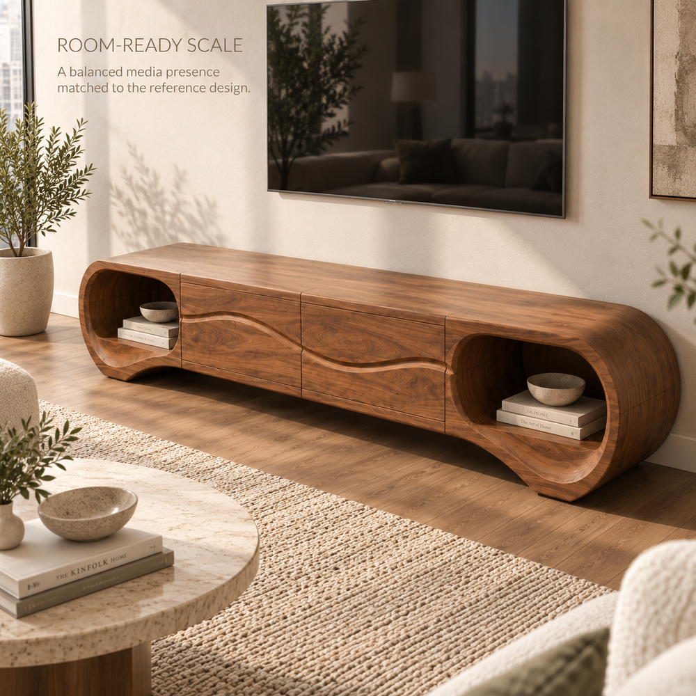Linnea Sculptural Solid Wood TV Stand - Design 116 - product detail and styling view 3