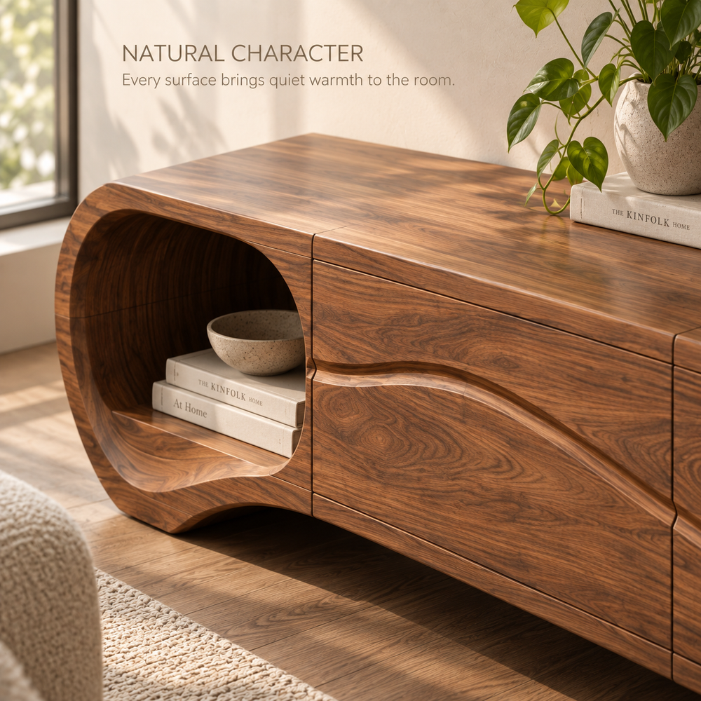 Linnea Sculptural Solid Wood TV Stand - Design 116 - product detail and styling view 4
