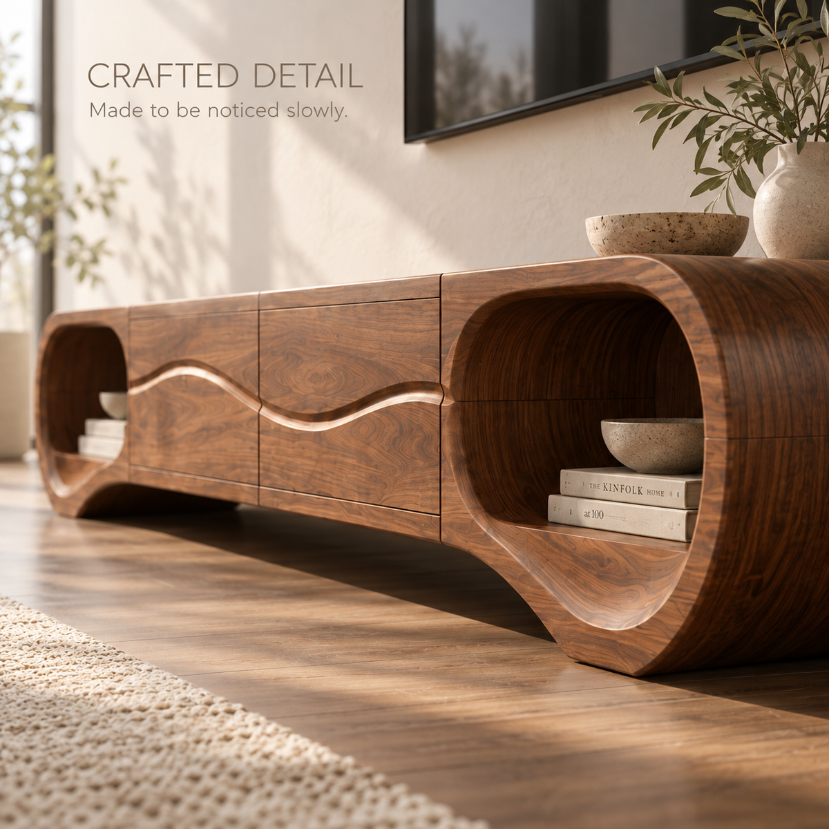 Linnea Sculptural Solid Wood TV Stand - Design 116 - product detail and styling view 5