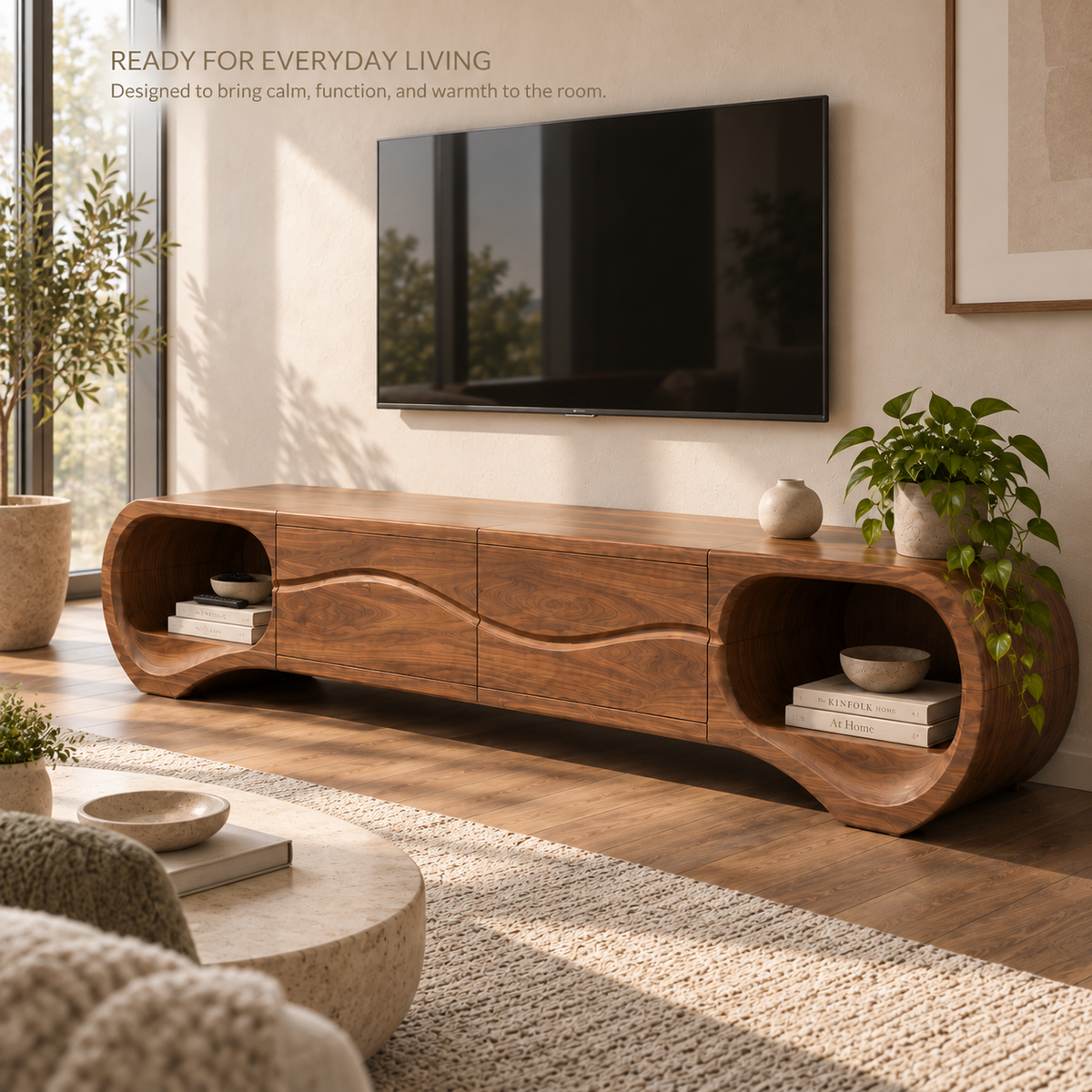 Linnea Sculptural Solid Wood TV Stand - Design 116 - product detail and styling view 6