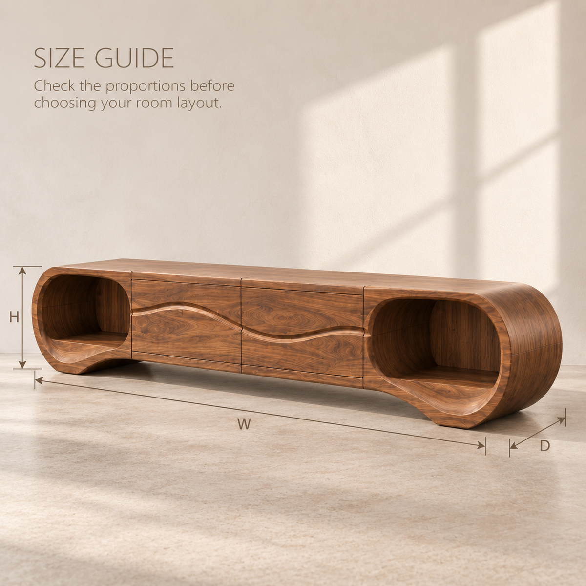 Linnea Sculptural Solid Wood TV Stand - Design 116 - product detail and styling view 7