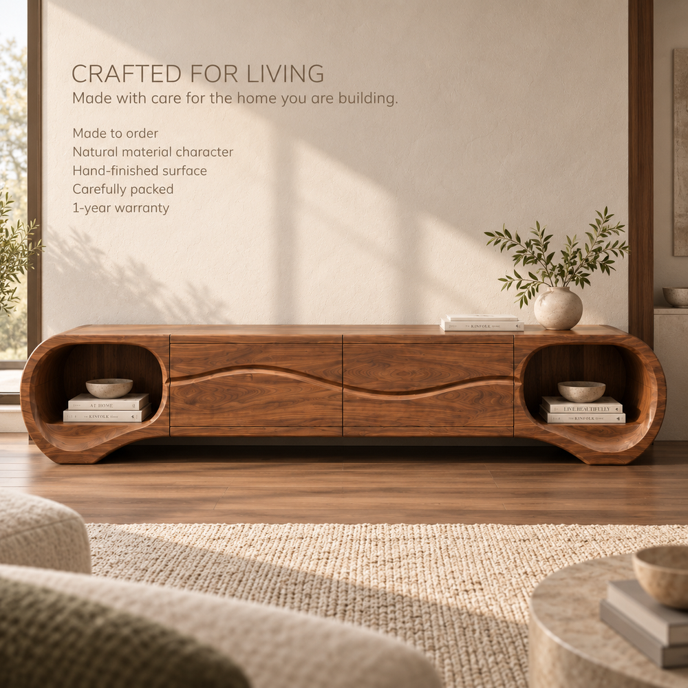 Linnea Sculptural Solid Wood TV Stand - Design 116 - product detail and styling view 8