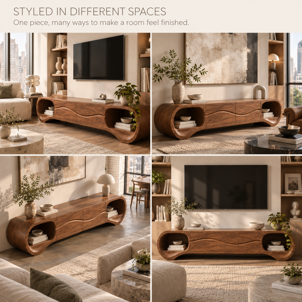 Linnea Sculptural Solid Wood TV Stand - Design 116 - product detail and styling view 9