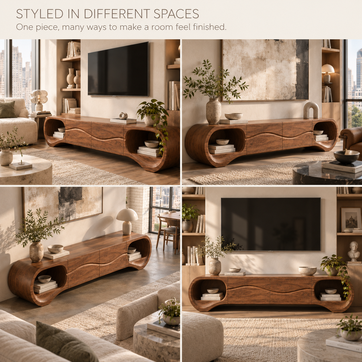 Linnea Sculptural Solid Wood TV Stand - Design 116 - product detail and styling view 9