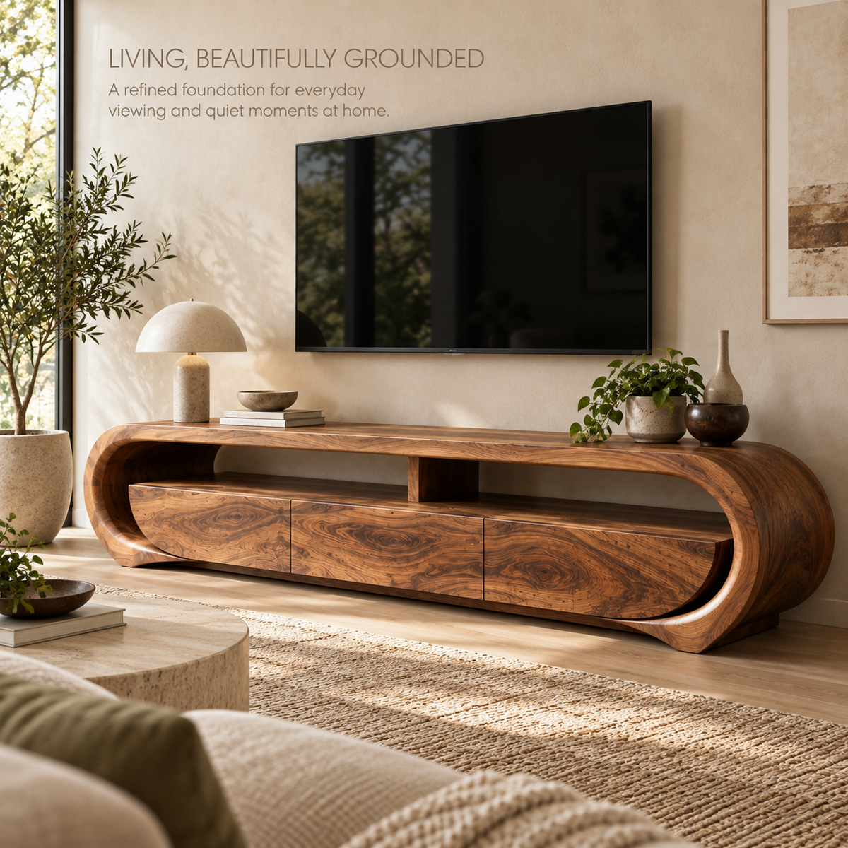 Orla Sculptural Solid Wood TV Stand - Design 117 - main lifestyle view
