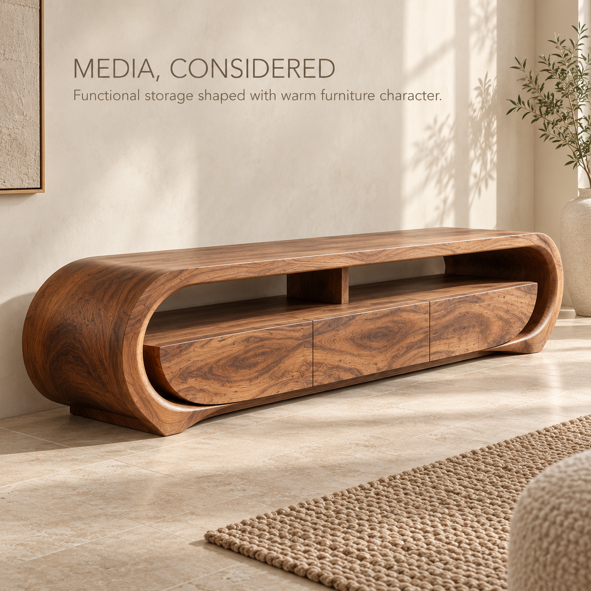 Orla Sculptural Solid Wood TV Stand - Design 117 - product detail and styling view 2