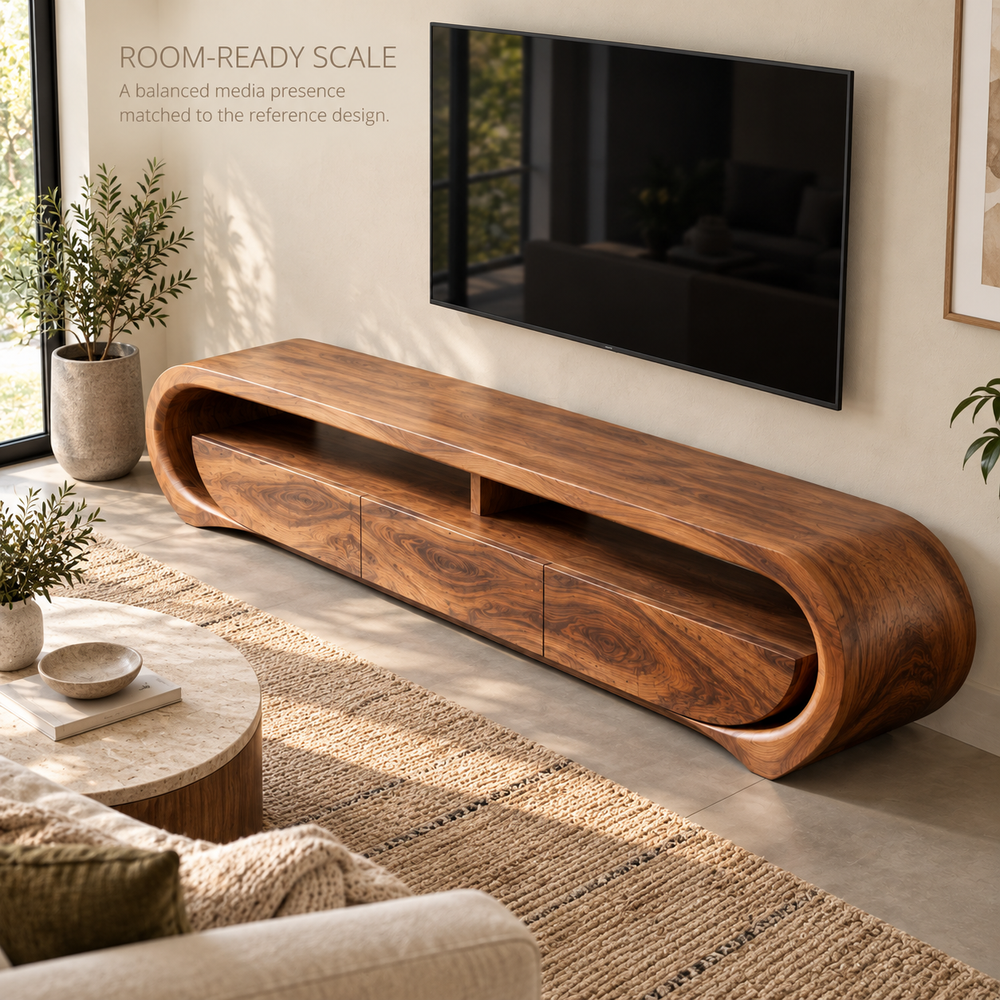 Orla Sculptural Solid Wood TV Stand - Design 117 - product detail and styling view 3