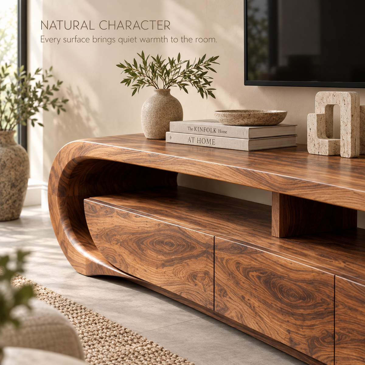 Orla Sculptural Solid Wood TV Stand - Design 117 - product detail and styling view 4