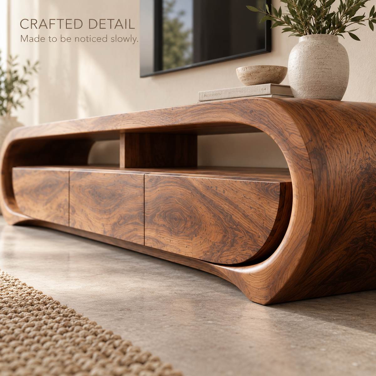 Orla Sculptural Solid Wood TV Stand - Design 117 - product detail and styling view 5