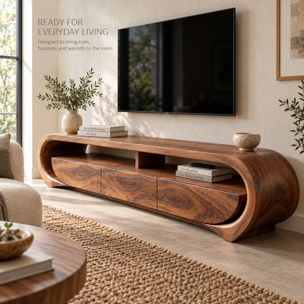 Orla Sculptural Solid Wood TV Stand - Design 117 - product detail and styling view 6