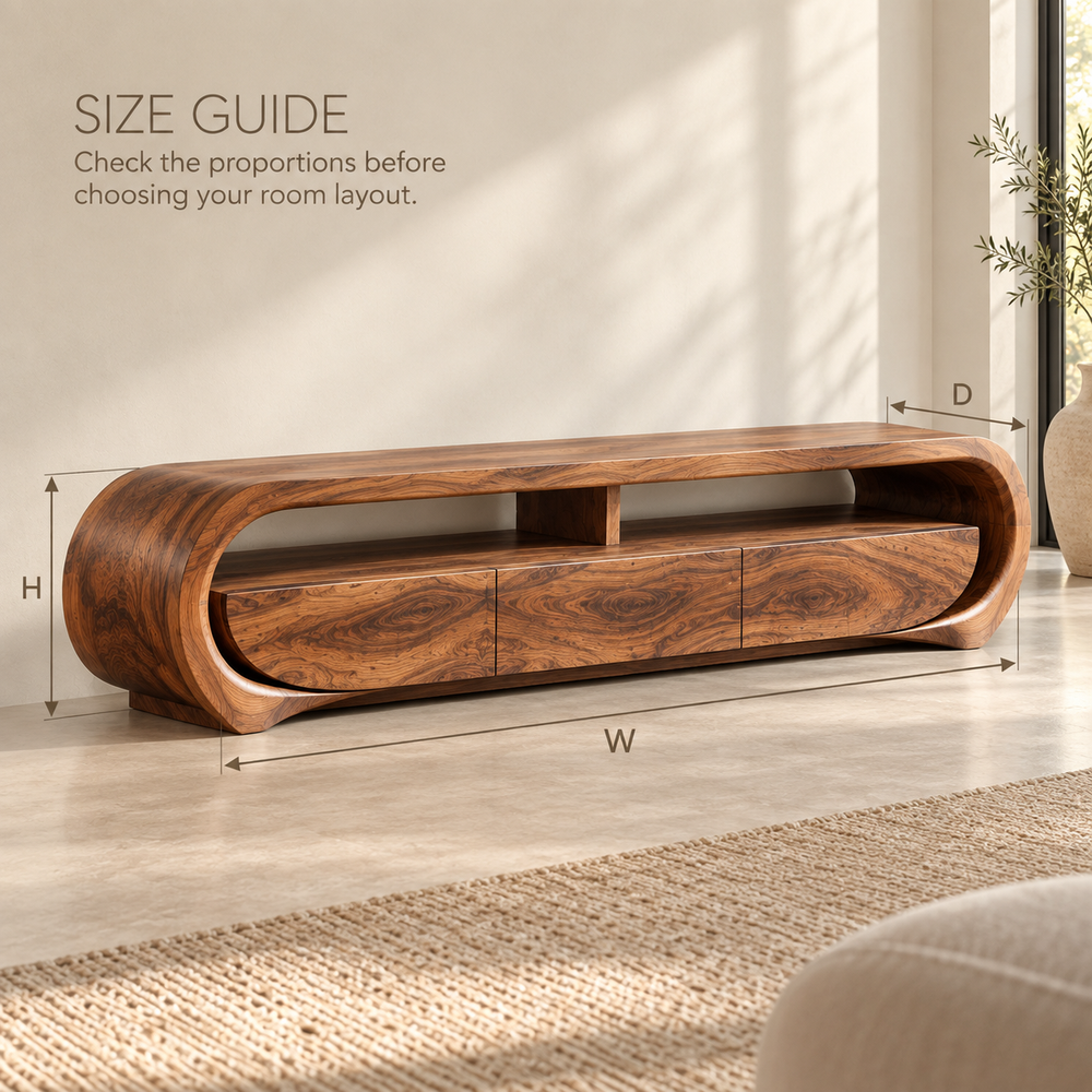 Orla Sculptural Solid Wood TV Stand - Design 117 - product detail and styling view 7