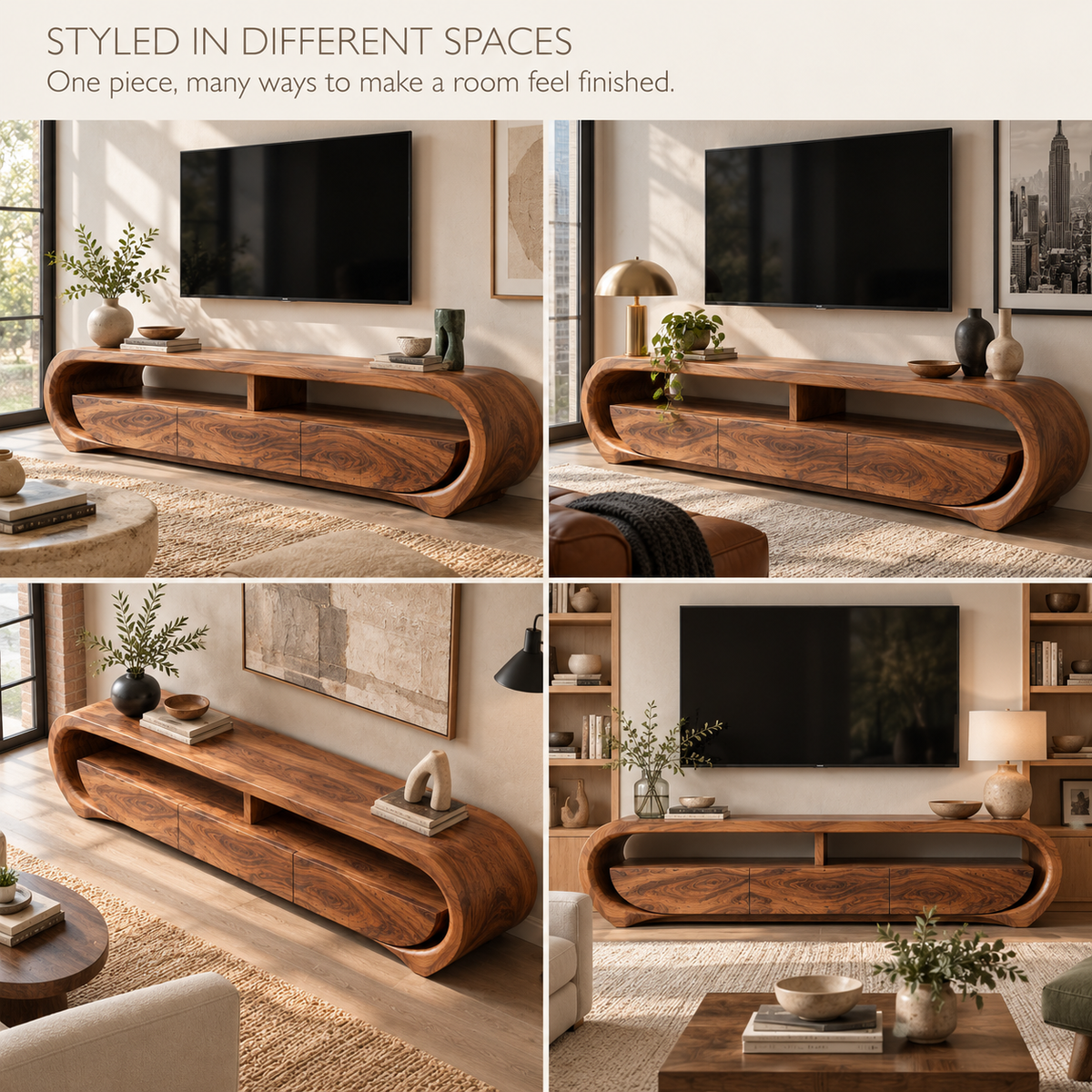 Orla Sculptural Solid Wood TV Stand - Design 117 - product detail and styling view 9