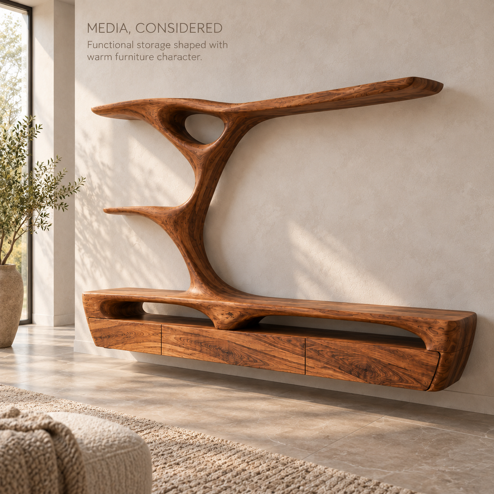 Sabine Tree Shelf & Floating Media Console - Design 118 - product detail and styling view 2
