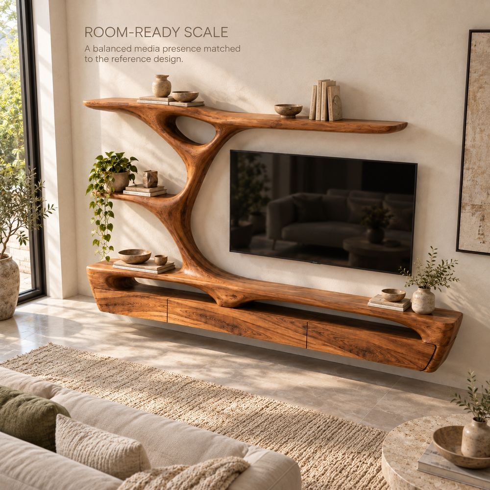 Sabine Tree Shelf & Floating Media Console - Design 118 - product detail and styling view 3