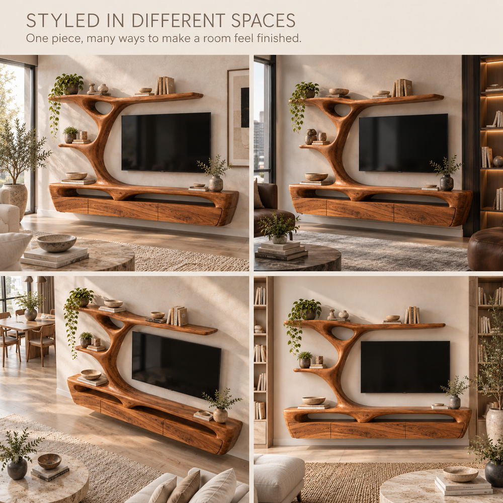 Sabine Tree Shelf & Floating Media Console - Design 118 - product detail and styling view 9
