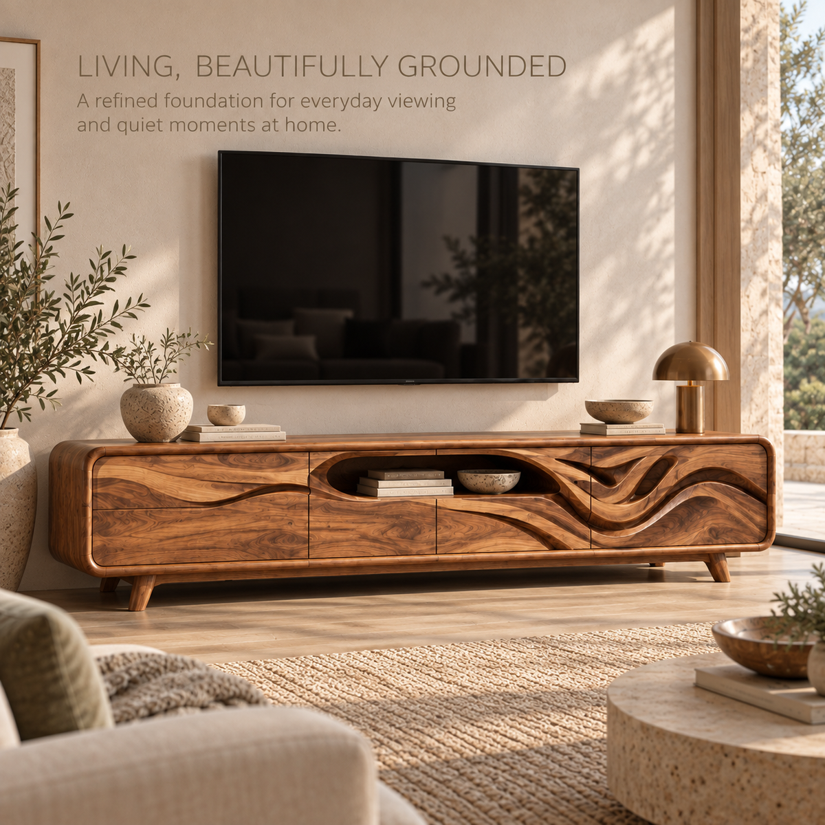 Kieran Sculptural Solid Wood TV Stand - Design 119 - main lifestyle view