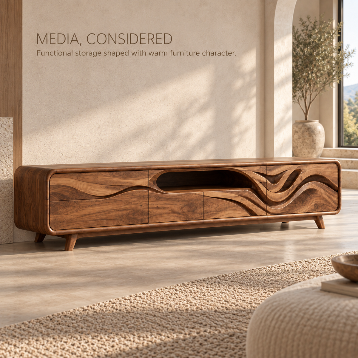 Kieran Sculptural Solid Wood TV Stand - Design 119 - product detail and styling view 2