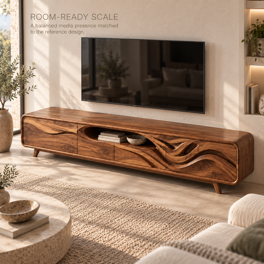 Kieran Sculptural Solid Wood TV Stand - Design 119 - product detail and styling view 3