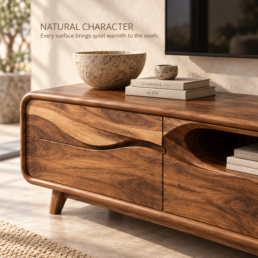 Kieran Sculptural Solid Wood TV Stand - Design 119 - product detail and styling view 4