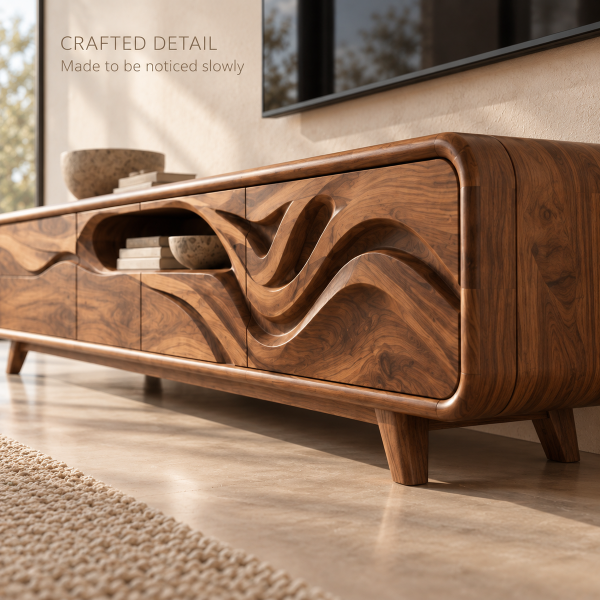 Kieran Sculptural Solid Wood TV Stand - Design 119 - product detail and styling view 5