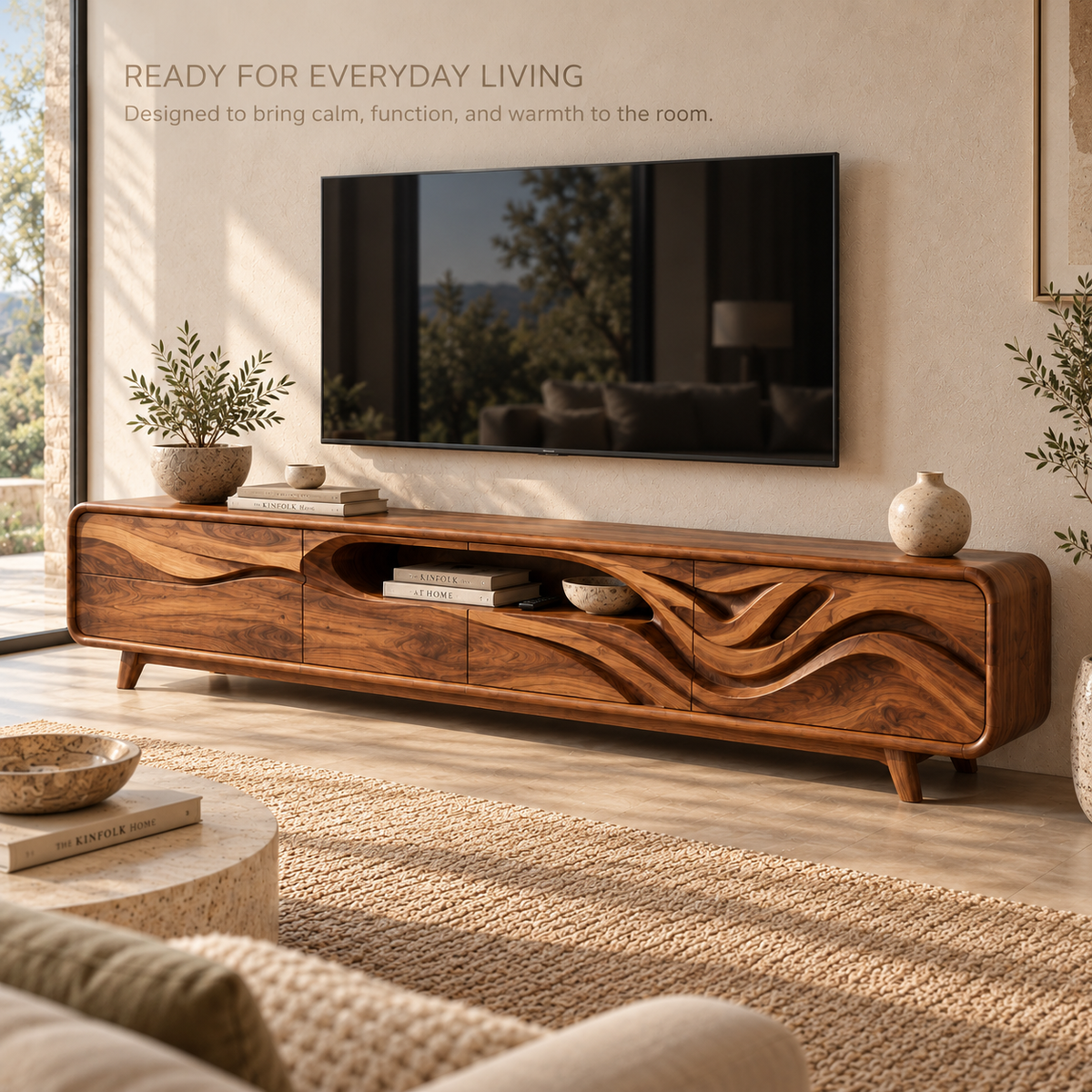 Kieran Sculptural Solid Wood TV Stand - Design 119 - product detail and styling view 6