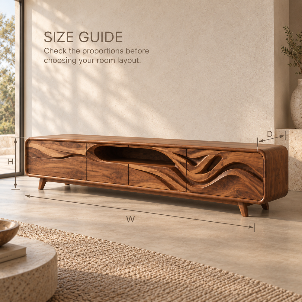Kieran Sculptural Solid Wood TV Stand - Design 119 - product detail and styling view 7