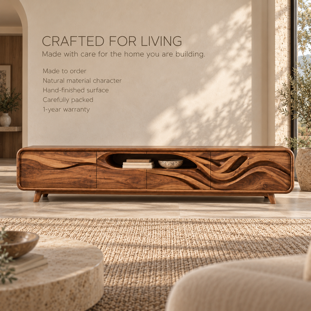 Kieran Sculptural Solid Wood TV Stand - Design 119 - product detail and styling view 8