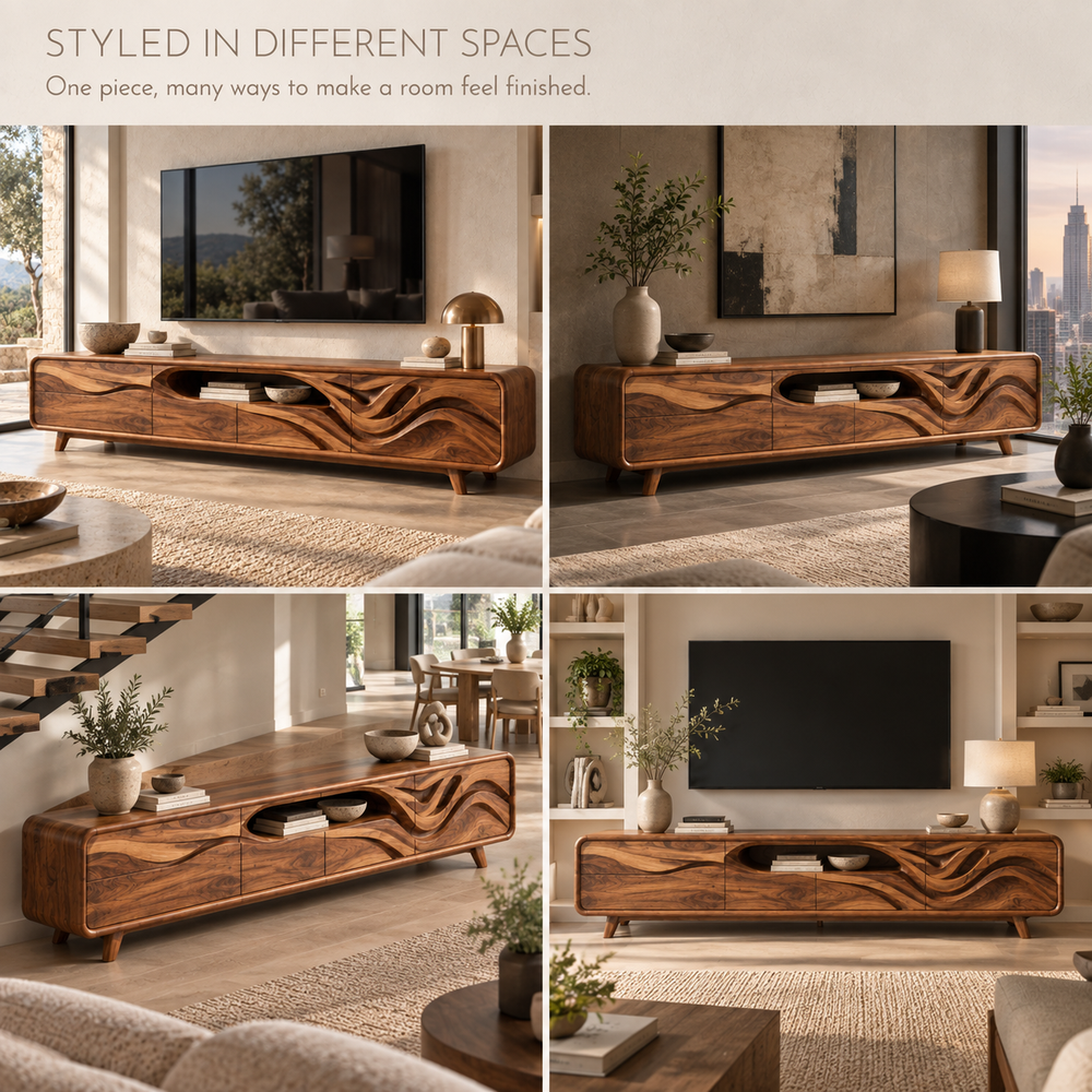 Kieran Sculptural Solid Wood TV Stand - Design 119 - product detail and styling view 9