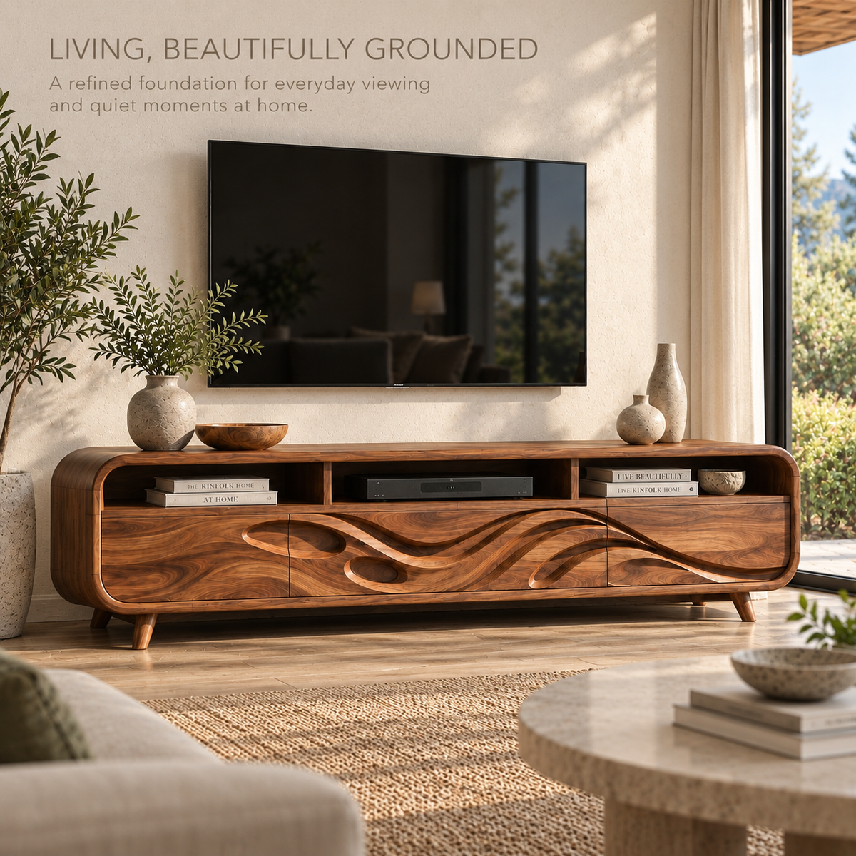 Ansel Sculptural Solid Wood TV Stand - Design 120 - main lifestyle view
