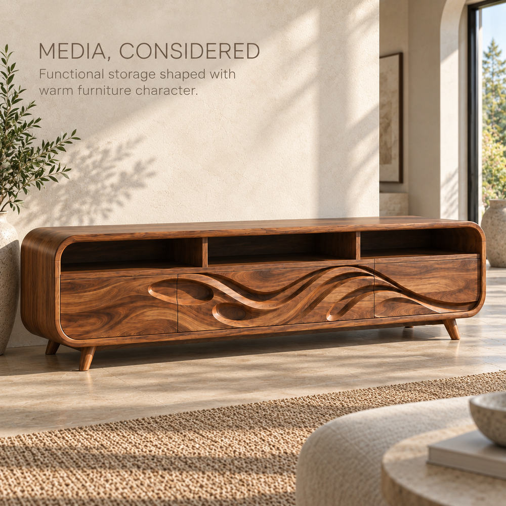 Ansel Sculptural Solid Wood TV Stand - Design 120 - product detail and styling view 2